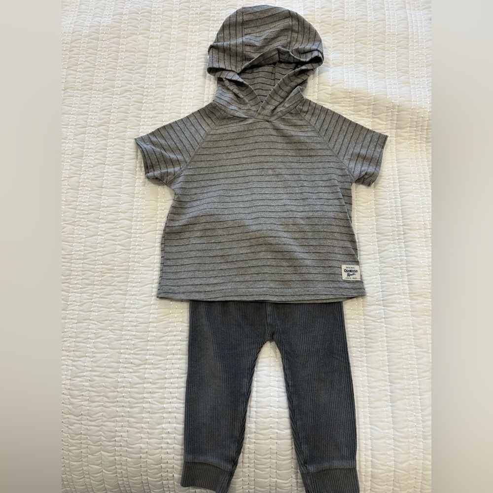 Osh Kosh Short Sleeve Hoodie & Carter's Baby Boy Charcoal Ribbed Pants